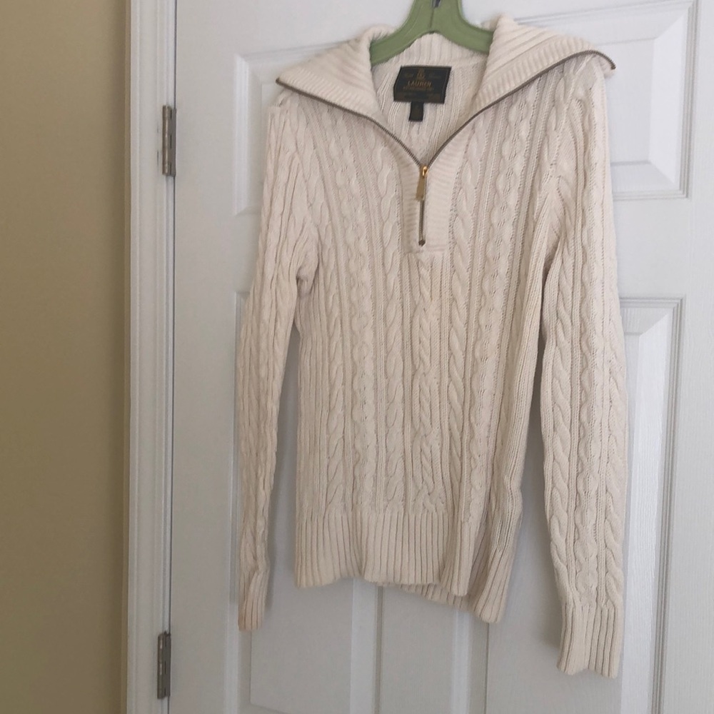 Cream cableknit sweater with zipper that can also be a turtleneck
